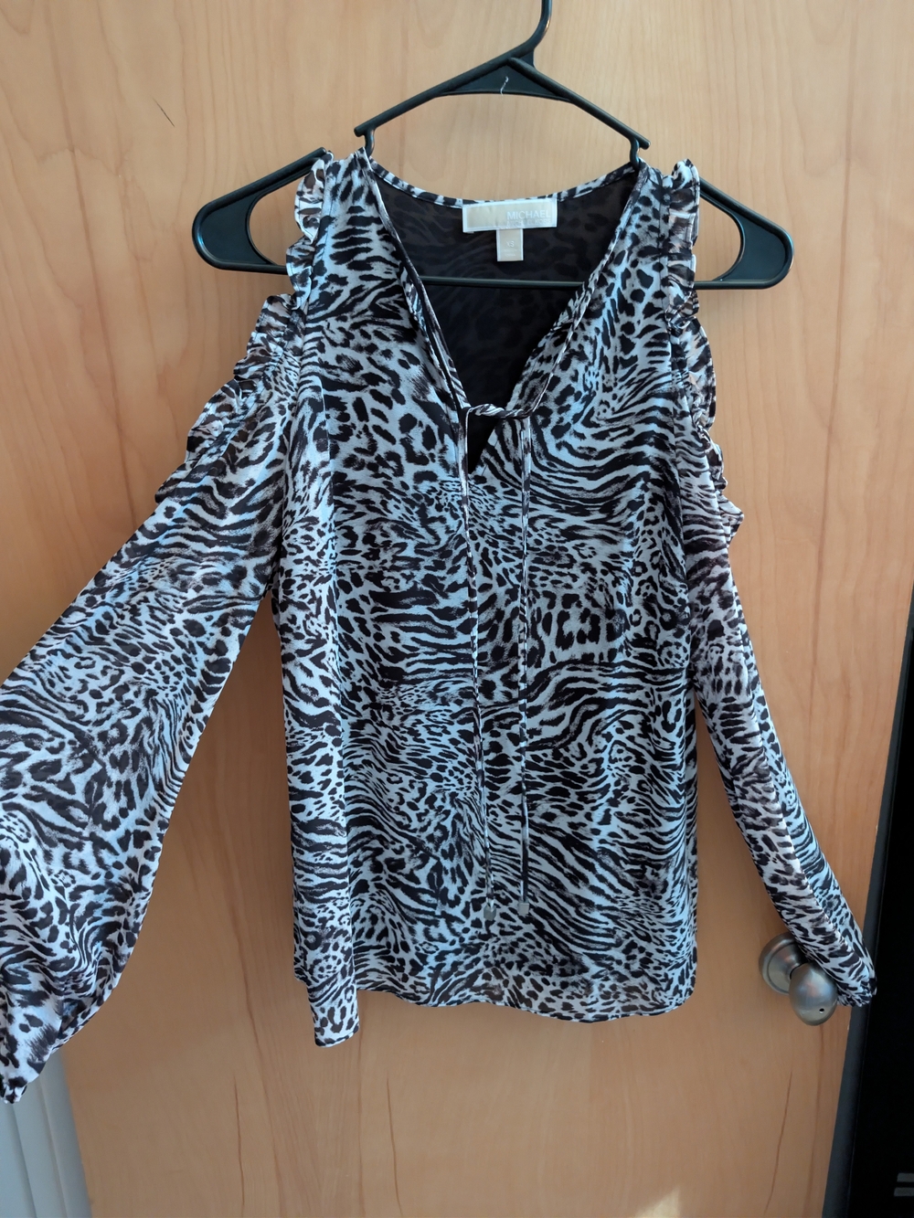 MICHAEL Michael Kors Black and White Cold-Shoulder Animal Print Long Sleeve Top